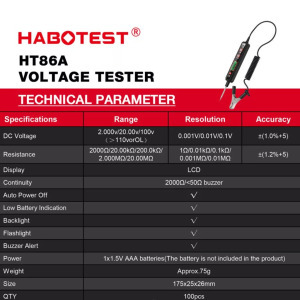 Multifunkciós autós feszültség, folytonosság, ellenállás vizsgáló, 100V DC