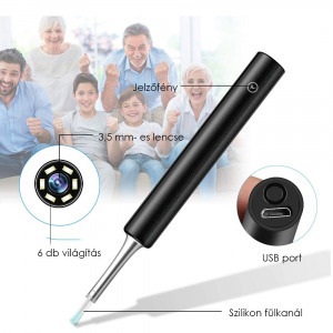 Fültisztító és endoszkóp,C3 3,9 mm- es  fekete, 6 ledes