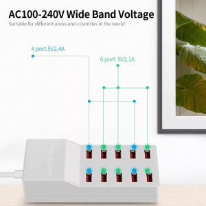 USB hálózati töltő, 10xUSB port, 50W gyorstöltés, fehér