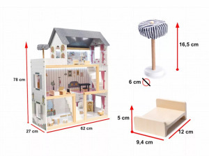 Fa babaház bútorokkal - 78 cm, fekete, LED világítással