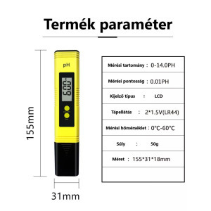 Digitális pH mérő, pH 0-14, akváriumhoz, úszómedencéhez, víztartályokhoz