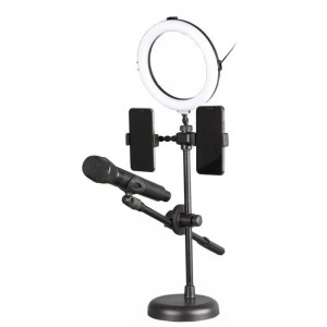 Asztali LED Selfie ring/körfény, 16cm, 2x telefon- + mikrofontartó, fekete