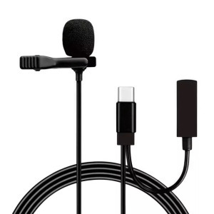 Lavalier sztereó mikrofon, csiptetős, USB-C, szélzaj-védő szivacs, fekete