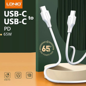 Adat- és töltőkábel, USB-C/USB-C, 65W gyorstöltés, 1 méter, fehér