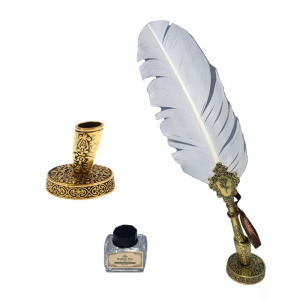 KHAT Vintage tollkészlet, tintatartóval és tolltartóval, fehér/aranyszín