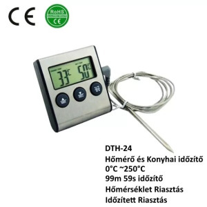 Digitális ételhőmérő/konyhai időzítő, LCD, mágneses hátlap, asztali támasz