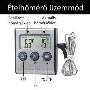 Digitális ételhőmérő/konyhai időzítő, LCD, mágneses hátlap, asztali támasz