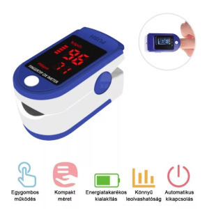 Digitális véroxigénszint és pulzusmérő, ujjra csíptethető, kék-szürke