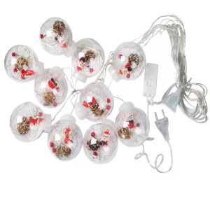 Összefűzhető Mikulás gömbök, LED fényfüzér, 3m, 8mód, 10gömb, meleg fény