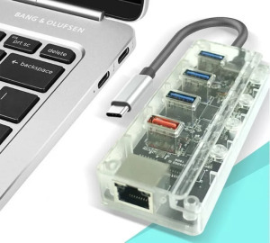 USB Hub Elosztó/Töltő, 5 portos, USB-C -> 3xUSB3.0, 1xQC2.0 töltő, 1xRJ-45