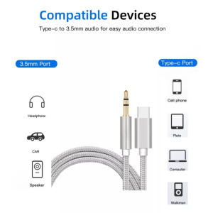 AUX átalakító kábel USB-C->Jack, 1m, kompatibilis Phone 15/16, ezüst-fehér