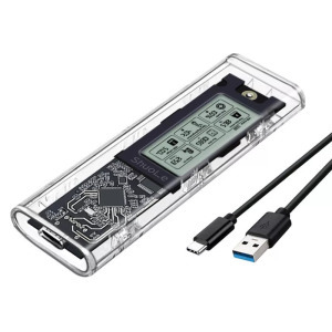 Külső M.2 SSD merevlemez ház, LCD kijelző, 10Gbps, USB-C, max 4TB, átlátszó