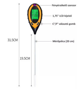 Digitális talaj pH mérő: talajnedvesség, pH, hőmérséklet, fényerősség mérés