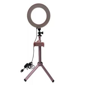 Asztali LED Selfie ring/körfény, 16cm, 3 színhőmérséklet, telefontartó pink