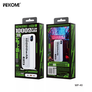 Wekome Powerbank 10000mAh, külső akkumulátor, 22.5W 2xUSB-C, 1xUSB-A, fehér