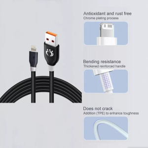 Adat-és töltőkábel K192, 150 cm, Lightning/USB, 2.4A gyors töltés, fekete