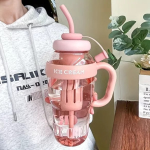 Nagy kapacitású 1200 ml-es műanyag sport vizespalack fogantyúval és szívószállal rózsaszín