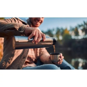 Rozsdamentes acél hőtartó termosz biztonsági zárral, ezüst színben, 1 liter