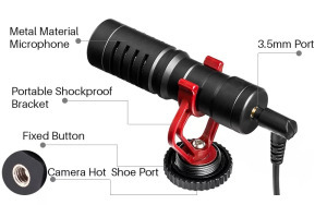 Kondenzátor mikrofon, TRS és TRRS csatlakozóval, videofelvételhez, fekete