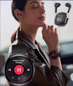 D21 fekete okosóra készlet- okosóra, vezeték nélküli fülhallgató, szilikon és bőr szíj