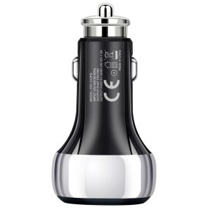 Szivargyújtós USB töltő, 1xUSB-C 1xUSB, gyorstöltés 5V/3A/38W, fekete/ezüst