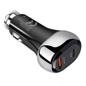 Szivargyújtós USB töltő, 1xUSB-C 1xUSB, gyorstöltés 5V/3A/38W, fekete/ezüst