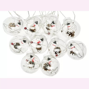 Összefűzhető Snowman/Hóember gömbök, LED fényfüzér, 3m, 8mód, 4szín, 10gömb