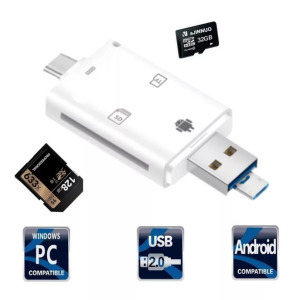 3in1 OTG USB-C/USB/MicroUSB + Kártyaolvasó: MicroSD/TF SD, fehér