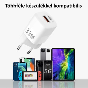 Univerzális GaN töltő adapter, 2 port, 33W , QC 3.0, 1xUSB, 1xUSB-C, fehér