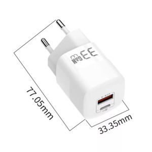 Univerzális GaN töltő adapter, 2 port, 33W , QC 3.0, 1xUSB, 1xUSB-C, fehér