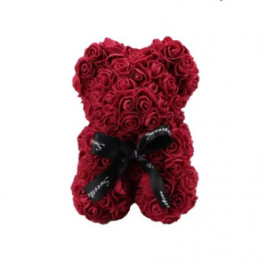Rózsa maci, örök virág maci díszdobozban 25 cm - bordó