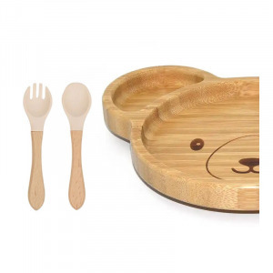 Mackó formájú bambusz tányér gyermek étkezőkészlet szilikon fejű kanállal és villával, 3 db-os szett