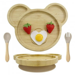 Mackó formájú bambusz tányér gyermek étkezőkészlet szilikon fejű kanállal és villával, 3 db-os szett