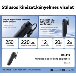 Remax Bluetooth 5.4 Headset, 220mAh akkumulátor 10 óra beszélgetés, fekete